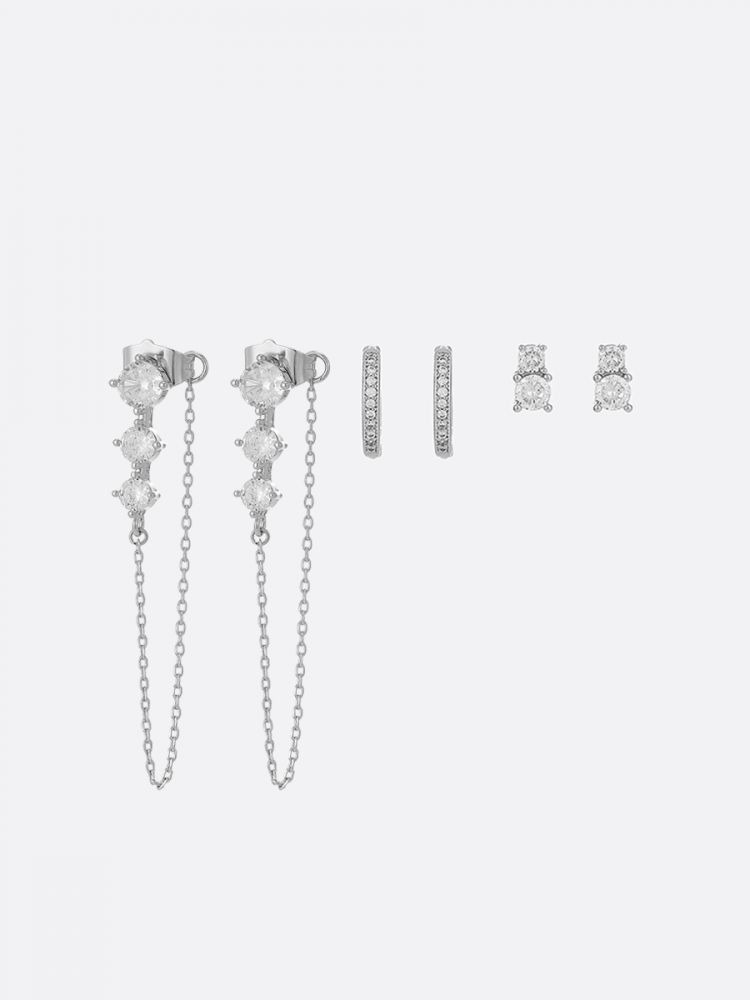 סט 3 זוגות עגילים משובצים