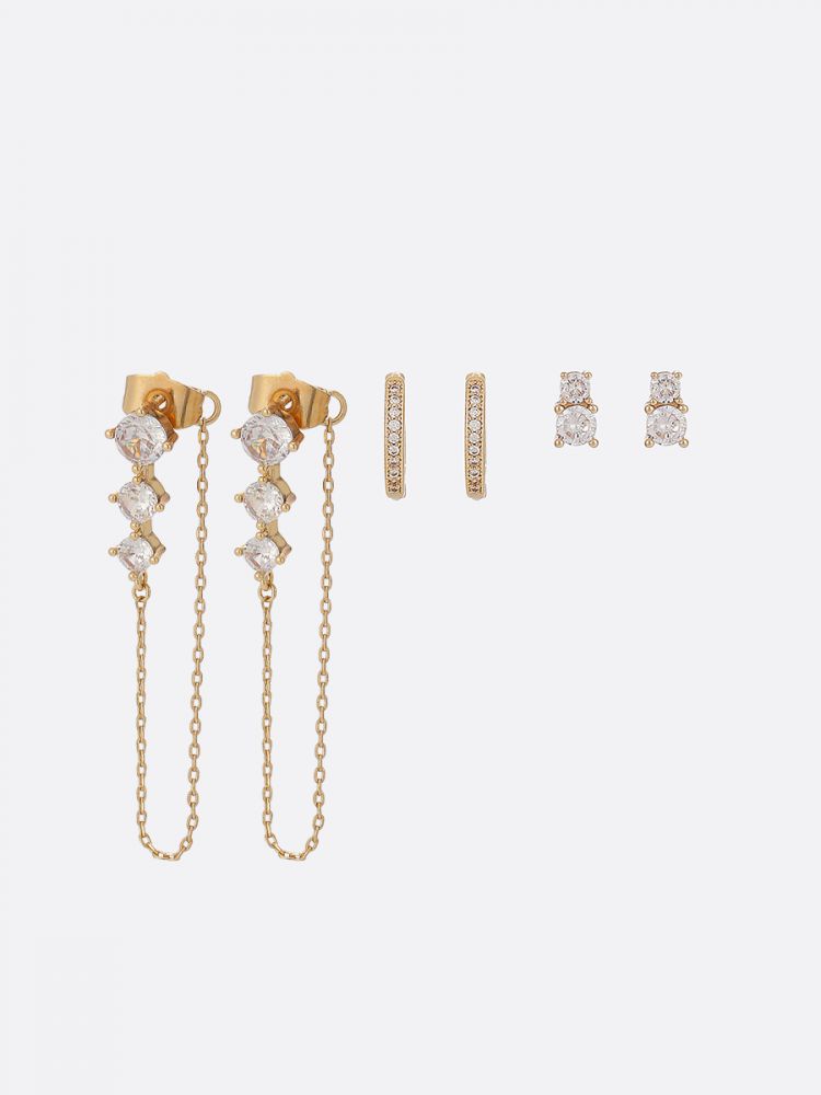 סט 3 זוגות עגילים משובצים