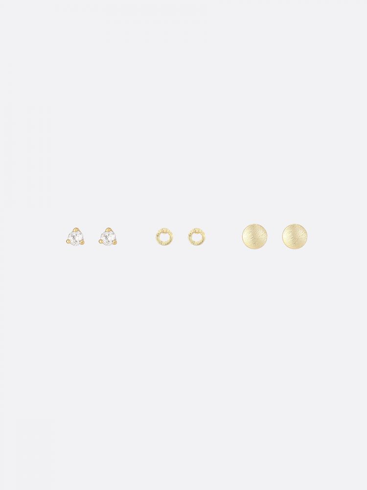 סט 3 זוגות עגילים צמודים בציפוי זהב 14K