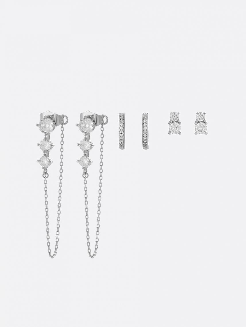 סט 3 זוגות עגילים משובצים