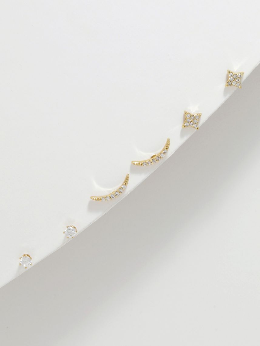 סט 3 זוגות עגילים צמודים בציפוי זהב 14K