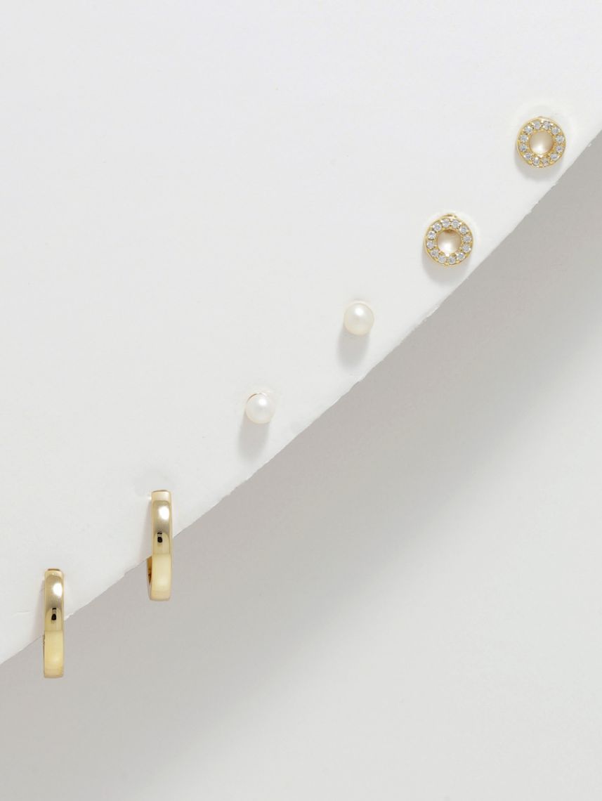 סט 3 זוגות עגילים צמודים בציפוי זהב 14K